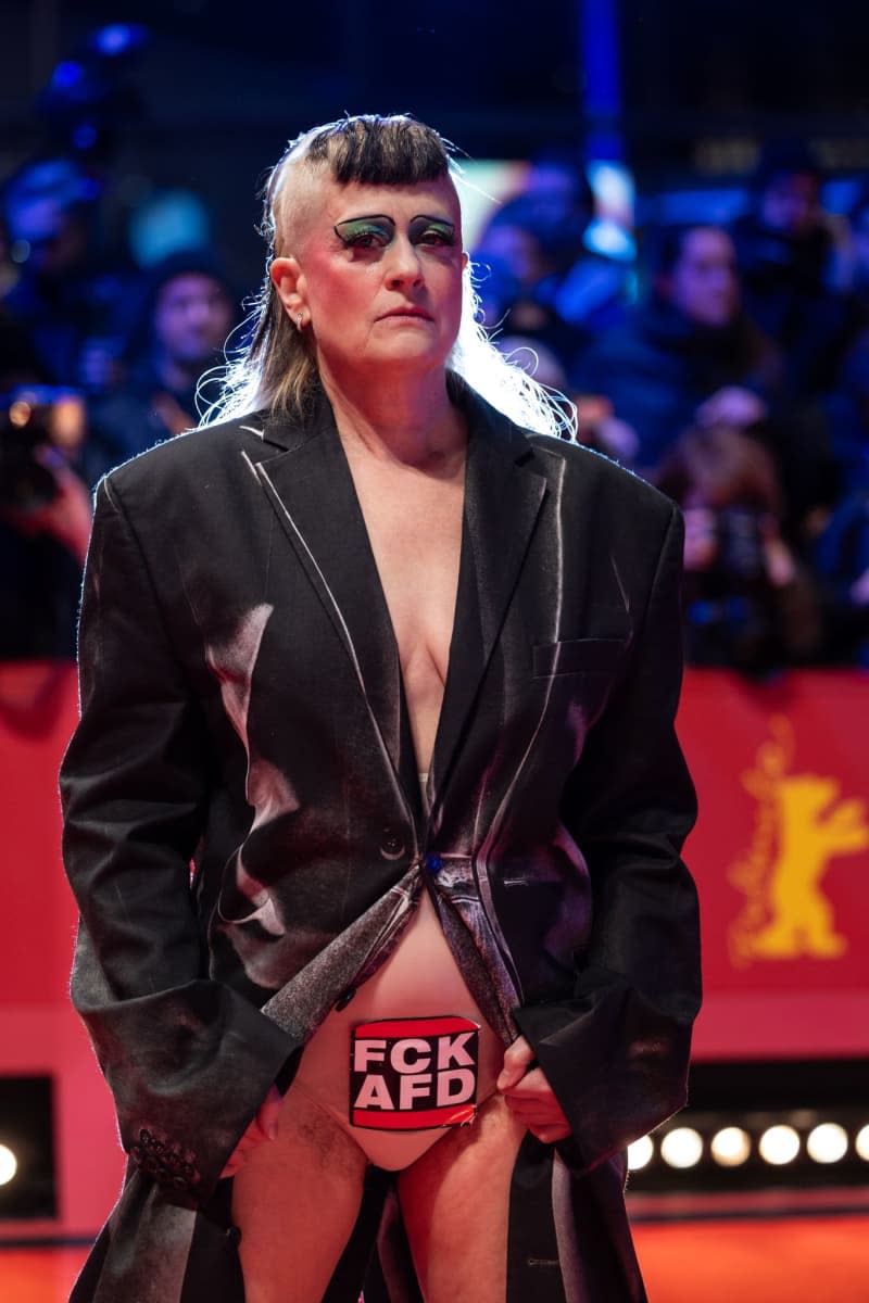 "FCK AFD" is written on the underwear of musician Peaches as she arrives to attend the premiere of the film "Spaceman" during the 74th Berlinale Film Festival. Hannes P. Albert/dpa
