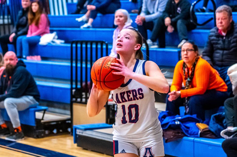 Apponequet's Hannah Kuriscak focues on the basket.