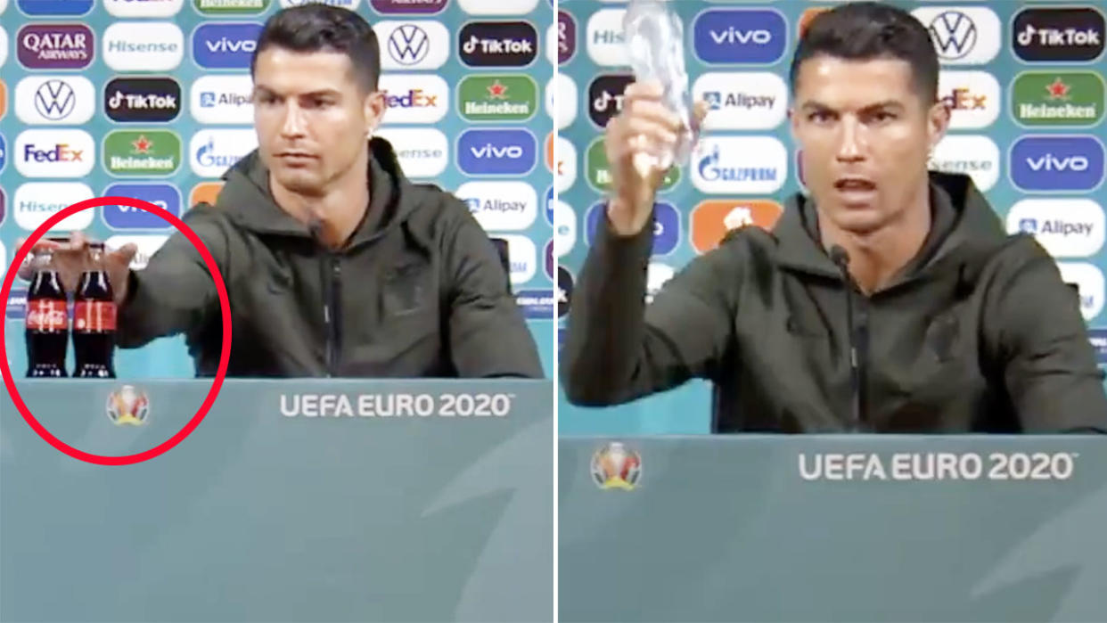 Cristiano Ronaldo, pictured here removing the Coca-Cola bottles at his press conference.