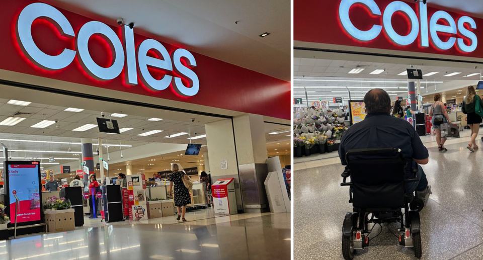 Coles security gates closed on wheelchair user David pictured with his back towards the camera (right) as he faces the Canberra store front where the incident took place (left). 