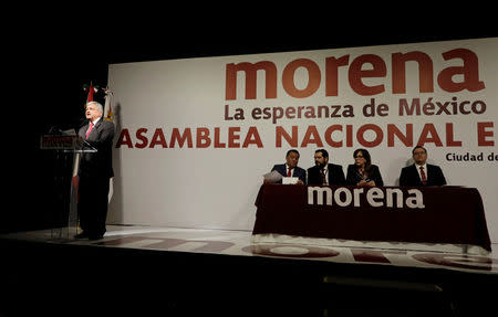 Andres Manuel Lopez Obrador delivers a speech after being sworn-in as presidential candidate of the National Regeneration Movement (MORENA) during the party's convention at a hotel in Mexico City, Mexico February 18, 2018. REUTERS/Henry Romero