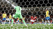 Soccer Football - World Cup - Group E - Brazil vs Switzerland - Rostov Arena, Rostov-on-Don, Russia - June 17, 2018 Switzerland's Steven Zuber celebrates with Haris Seferovic after scoring their first goal REUTERS/Marko Djurica