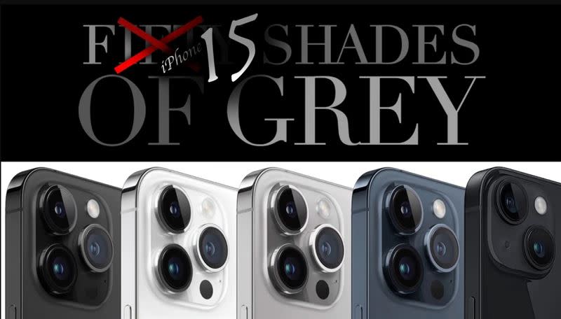iPhone 15 Pro預計會有4種配色，被外媒虧是「格雷的五十道陰影」。（圖／翻攝自PHONE ARENA）