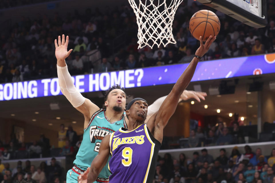 Memphis Grizzlies' Dillon Brooks (24) guards Los Angeles Lakers' Rajon Rondo (9) in the second half of an NBA basketball game Saturday, Nov. 23, 2019, in Memphis, Tenn. (AP Photo/Karen Pulfer Focht)