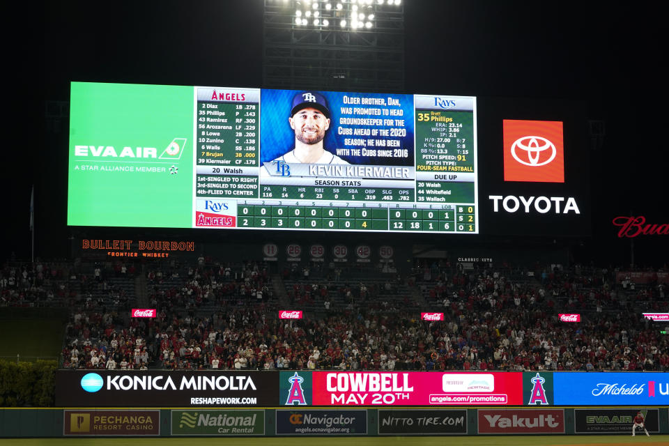 A scoreboard showing no hits for Los Angeles Angels starting pitcher Reid Detmers (48) is shown during the ninth inning of a baseball game against the Tampa Bay Rays in Anaheim, Calif., Tuesday, May 10, 2022. (AP Photo/Ashley Landis)