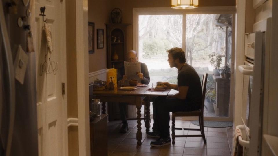 Peter Quill and his grandpa at their kitchen table for breakfast in Guardians of the Galaxy Vol. 3