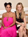 <p>Ross, wearing a flowing bright pink number, and George, in a black dress with colorful details, were part of the celeb contingent at the Schiaparelli show. (Photo: Stephane Cardinale – Corbis/Corbis via Getty Images) </p>