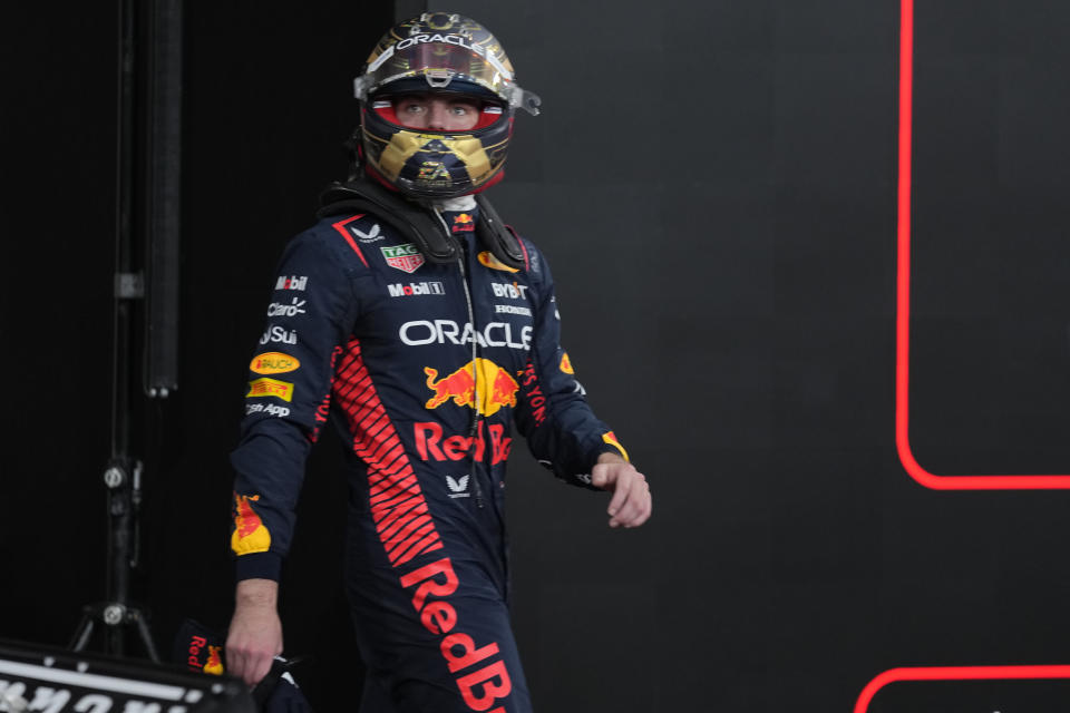 Red Bull driver Max Verstappen of the Netherlands reacts after qualifying session ahead of the Abu Dhabi Formula One Grand Prix at the Yas Marina Circuit, Abu Dhabi, UAE, Saturday, Nov. 25, 2023. (AP Photo/Kamran Jebreili)
