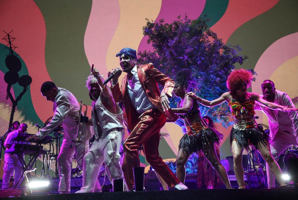 Jon Batiste performs at the Outdoor Theatre during the second weekend of the Coachella Valley Music and Arts Festival in Indio, Calif., April 20, 2024.