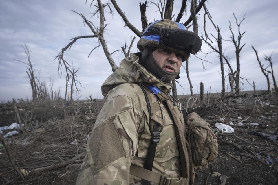A Ukrainian soldier stands in position on the front-line near Klishchiivka, Donetsk region, Ukraine, Monday, March 18, 2024. (Iryna Rybakova via AP)