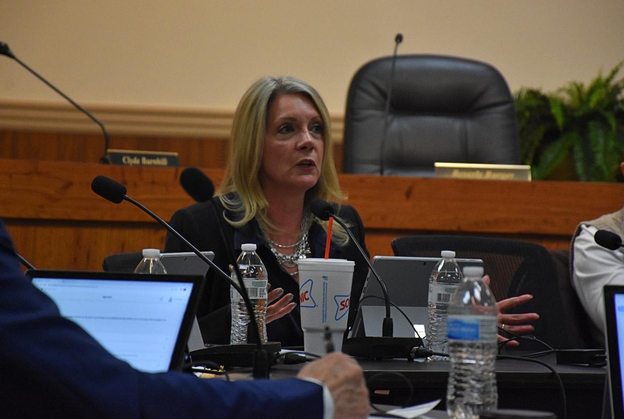 Gabrielle Hanson, Franklin alderman at large, speaks to the Franklin Board of Aldermen on Monday night.