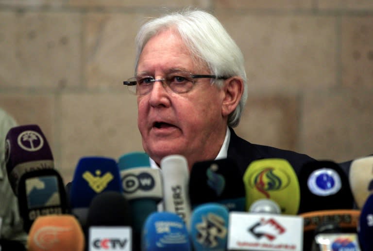 UN Yemen envoy Martin Griffiths addresses a press conference at Sanaa airport during a visit to Huthi insurgents on July 04, 2018