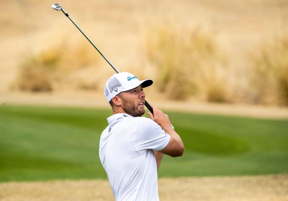 Sam Burns tees off on 13 of the Pete Dye Stadium Course during Round 3 of The American Express at PGA West in La Quinta, Calif., Saturday, Jan. 20, 2024.