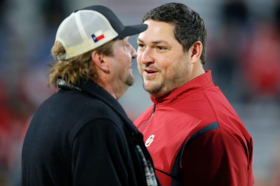 Oklahoma offensive coordinator Jeff Lebby before a Bedlam college football game between the University of Oklahoma Sooners (OU) and the Oklahoma State University Cowboys (OSU) at Gaylord Family-Oklahoma Memorial Stadium in Norman, Okla., Saturday, Nov. 19, 2022. Oklahoma won 28-13.