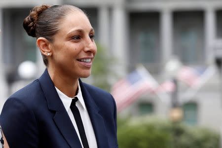 Diana Taurasi speaks with the media at the stakeout position outside the West Wing after a ceremony honoring the 2014 WNBA champion Phoenix Mercury in the East Room at the White House. Mandatory Credit: Geoff Burke-USA TODAY Sports