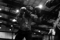 <p>Gilberto Morales gets set to make his move on Remington Laboy at the “Bronx Tough Turkey Tussle” in the Hunts Point section of the Bronx, New York, on Nov. 16, 2017. (Photo: Gordon Donovan/Yahoo News) </p>