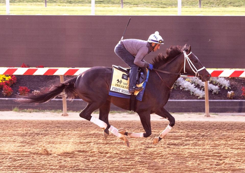 First Mission, trained by Louisville's Brad Cox, gallops at Pimlico Race Course in Baltimore on Tuesday in preparation for the Preakness Stakes.
