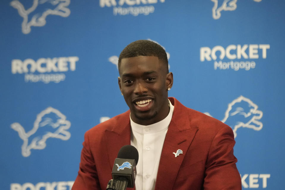 Detroit Lions first round draft pick Terrion Arnold talks to the media during an NFL football news conference at the team training facility, Friday, April 26, 2024, in Allen Park, Mich. (AP Photo/Carlos Osorio)