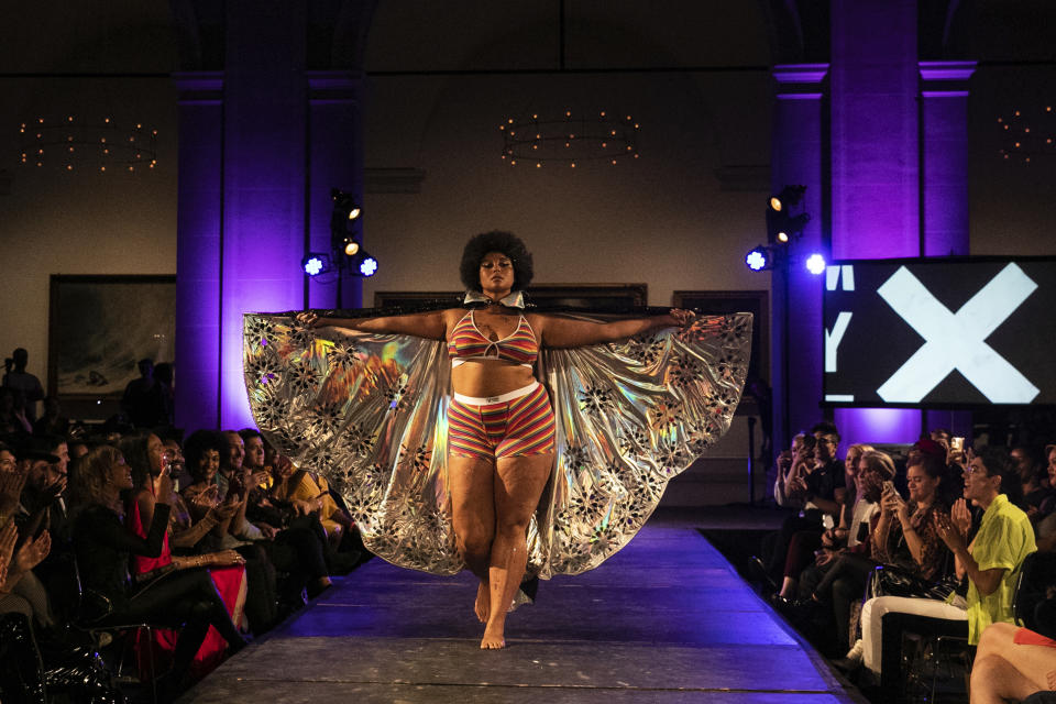 The Tomboy X collection is modeled during the Dapper Q fashion show at the Brooklyn Museum on Thursday, Sept. 5, 2019, in New York. (AP Photo/Jeenah Moon)