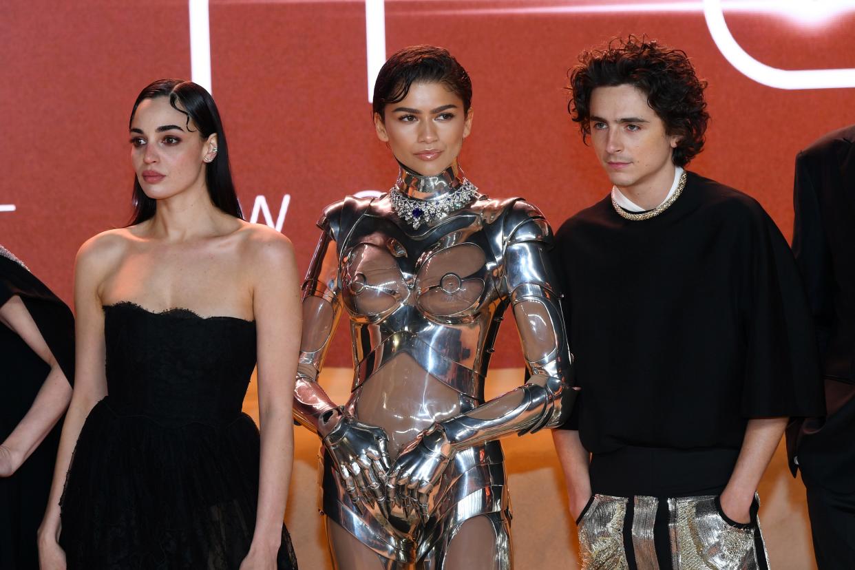 Souheila Yacoub (left), Zendaya and Timothée Chalamet attend the world premiere of "Dune: Part Two" in Leicester Square on Feb. 15, 2024, in London.