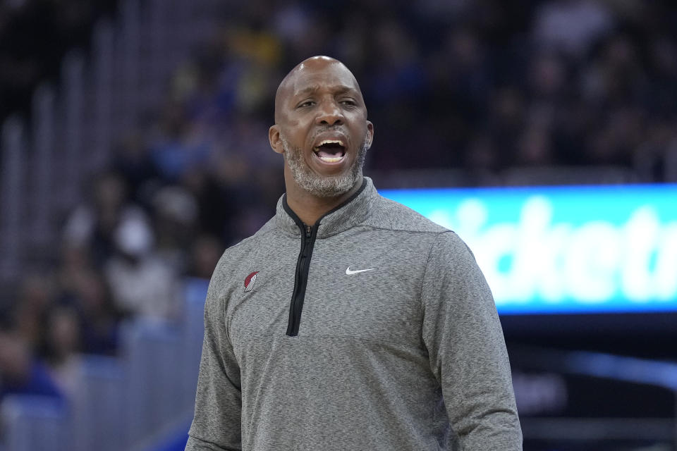 Portland Trail Blazers head coach Chauncey Billups yells toward players during the first half of the team's NBA basketball game against the Golden State Warriors in San Francisco, Tuesday, Feb. 28, 2023. (AP Photo/Jeff Chiu)