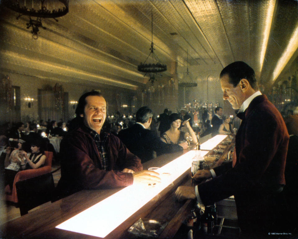 Jack Nicholson with bartender Joe Turkel in lobby card for the film 'The Shining', 1980. (Photo by Warner Brothers/Getty Images)