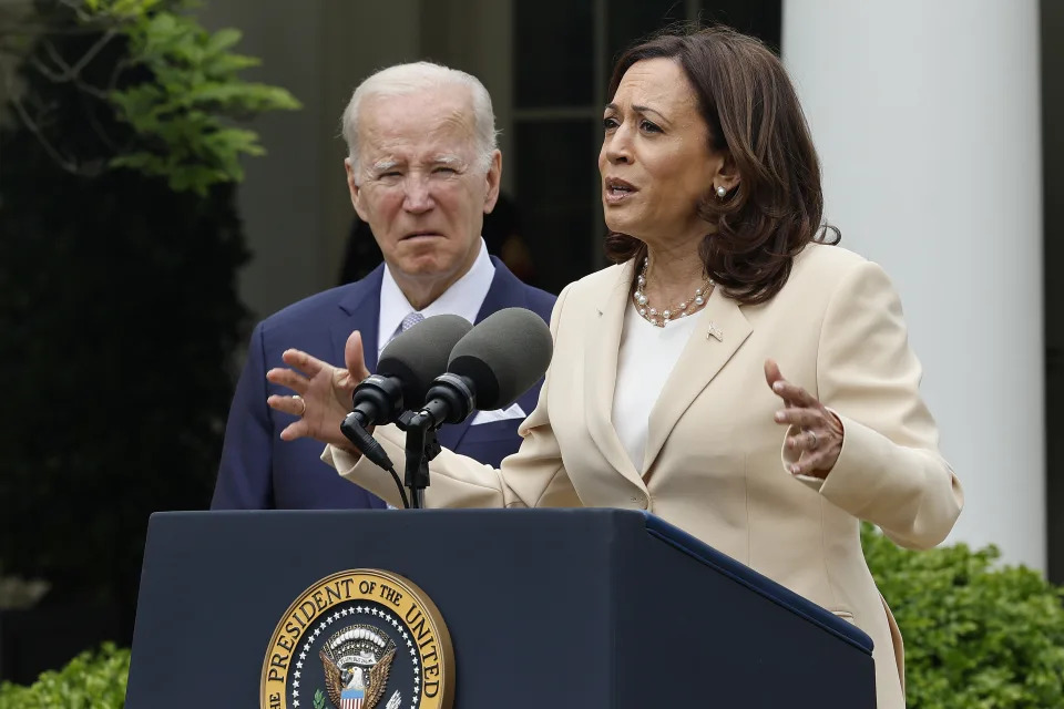 WASHINGTON, DC - MAY 01: U.S. Vice President Kamala Harris delivers remarks with President Joe Biden during an event marking National Small Business Week in the Rose Garden at the White House on May 01, 2023 in Washington, DC. Biden said that JP Morgan Case bought First Republic Bank after the troubled bank was placed in the FDIC's receivership overnight. (Photo by Chip Somodevilla/Getty Images)