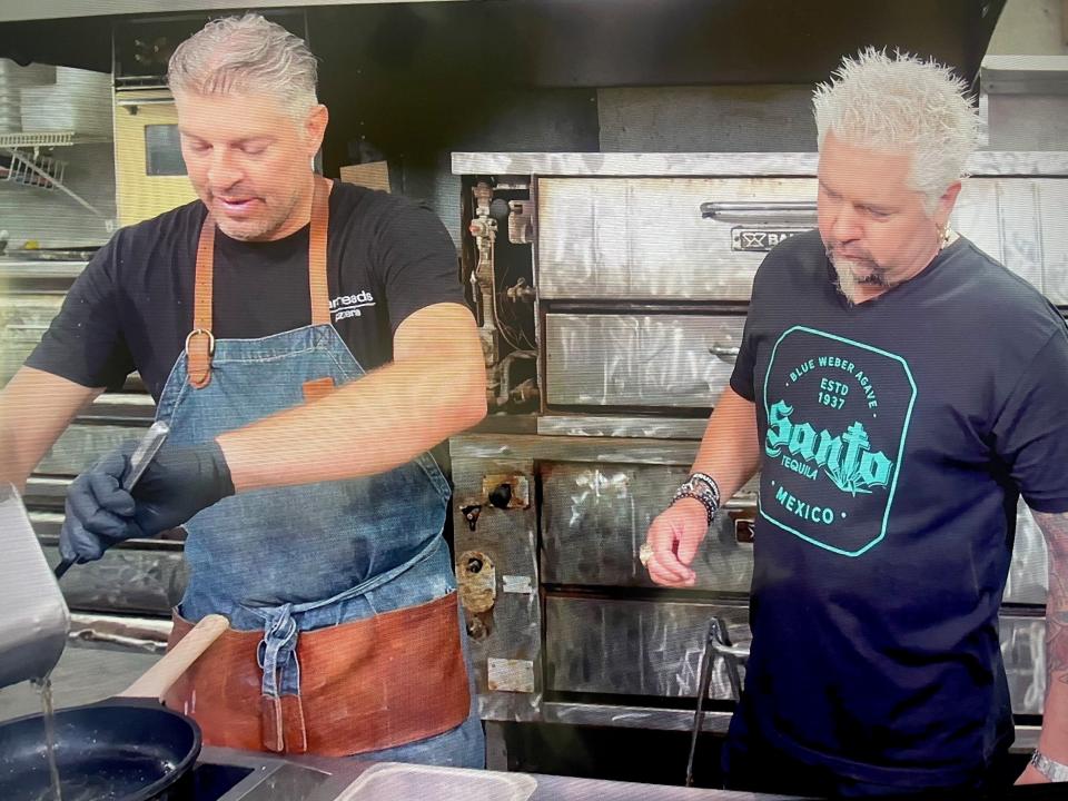 Guy Fieri and Panhead's Pizzeria owner Eric Ross cook up pizza and gnocchi on "Diners, Drive-Ins and Dives."