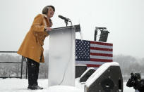 Democratic Sen. Amy Klobuchar addresses a snowy rally where she announced she is entering the race for president Sunday, Feb. 10, 2019, at Boom Island Park in Minneapolis. (AP Photo/Jim Mone)