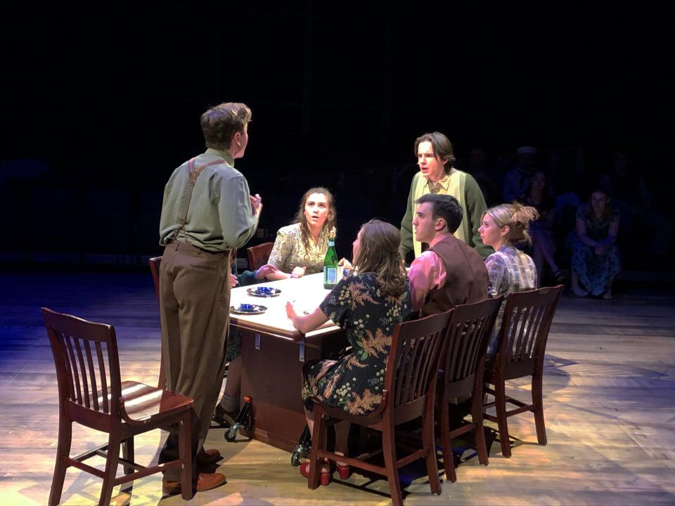 The cast rehearses a scene from “Dawn’s Early Light,” a new musical written by University of Notre Dame student Solomon Duane that premieres Feb. 23 and continues through March 5, 2023, at the DeBartolo Performing Arts Center. It takes place in the 1940s amid the flashing colors of the World War II home front and the swinging sounds of the Big Band era.