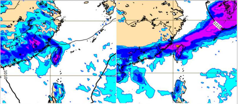 最新(22日20時)歐洲(ECMWF)模式，模擬下週(25)日20時地面氣壓及降水圖(左圖)顯示，台灣各地皆有降雨發生的機率。模擬下週四(29日)20時鋒面南下、伴隨明顯雨帶(右圖)。（圖／翻攝自「三立準氣象· 老大洩天機」專欄）