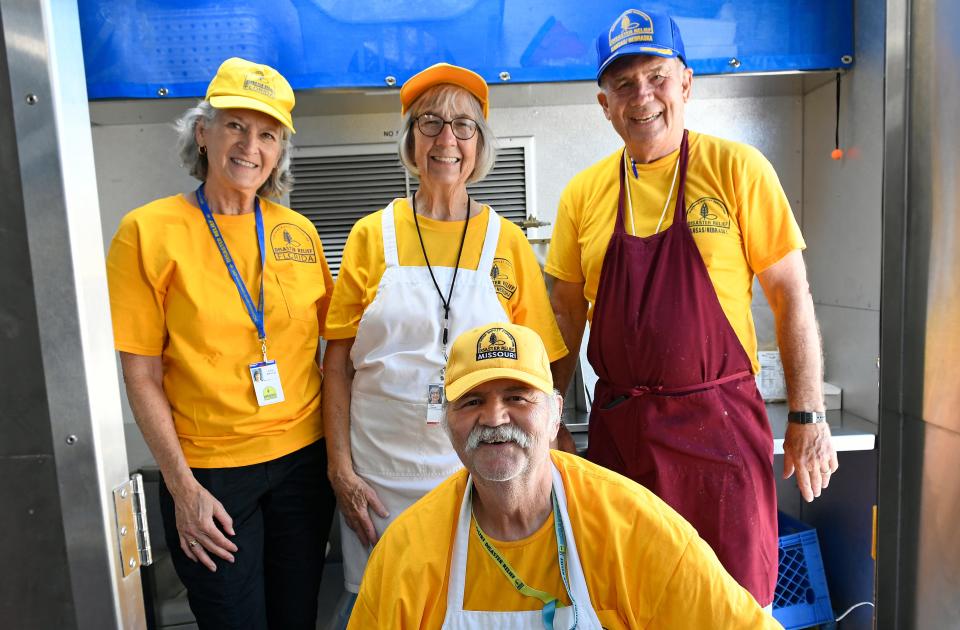 Some of the volunteers in the kitchen, Susan Blessing, of Nokomis, Sue and Ron Turner, of Augusta, Kansas, and Dennis Brown of Cole Camp, Missouri. Missouri Baptist Disaster Relief is now in Venice, FL, for a month-long relief effort in South Sarasota County.