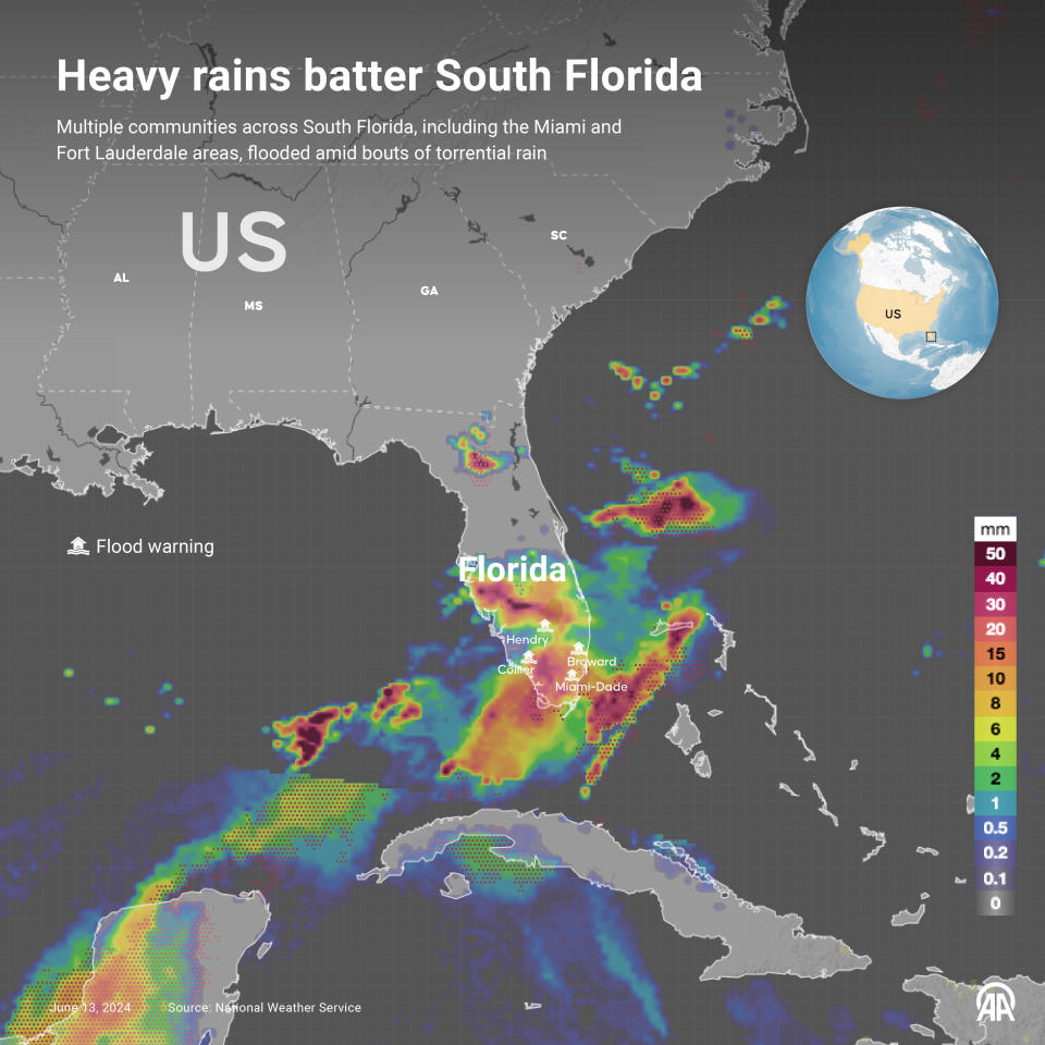 Maps show heavy rains set to batter South Florida. / Credit: Omar Zaghloul/Anadolu via Getty Images