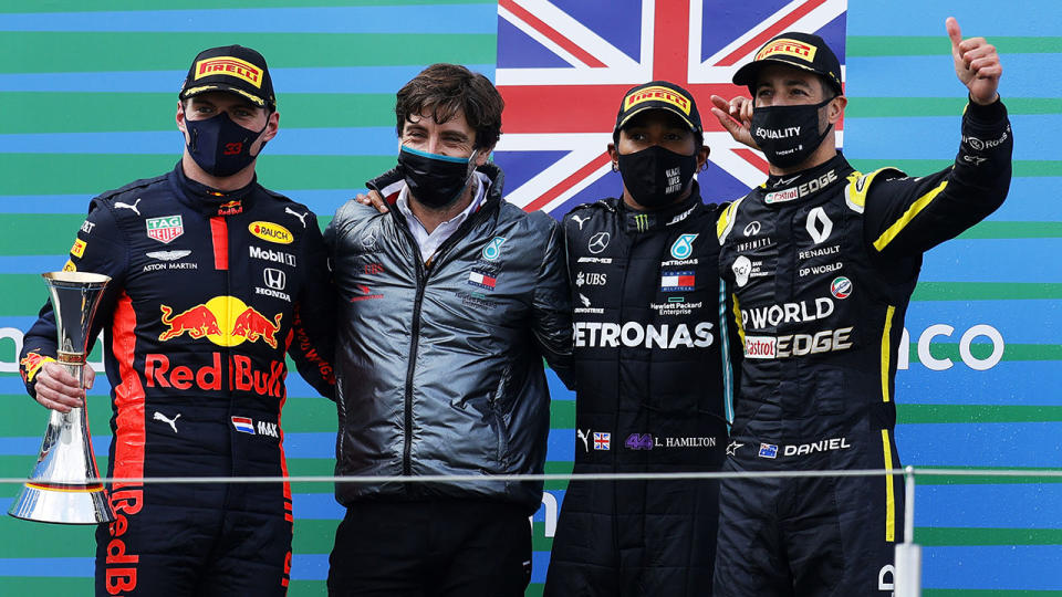 Max Verstappen, Lewis Hamilton and Daniel Ricciardo, pictured here after the Eifel Grand Prix.