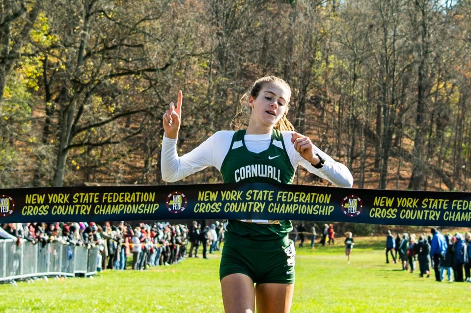 Cornwall's Karrie Baloga crosses the finish line during the state Federation championships at Bowdoin Park in Poughkeepsie on Saturday, November 19, 2022.