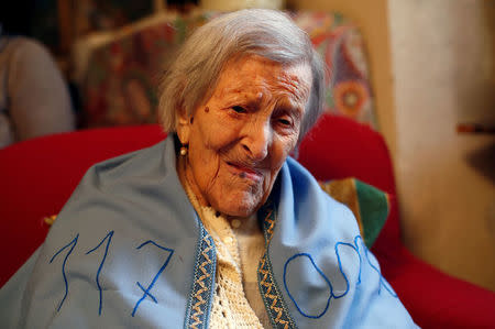 FILE PHOTO - Emma Morano, thought to be the world's oldest person and the last to be born in the 1800s, is seen during her 117th birthday in her house in Verbania, northern Italy November 29, 2016. REUTERS/Alessandro Garofalo/File Photo