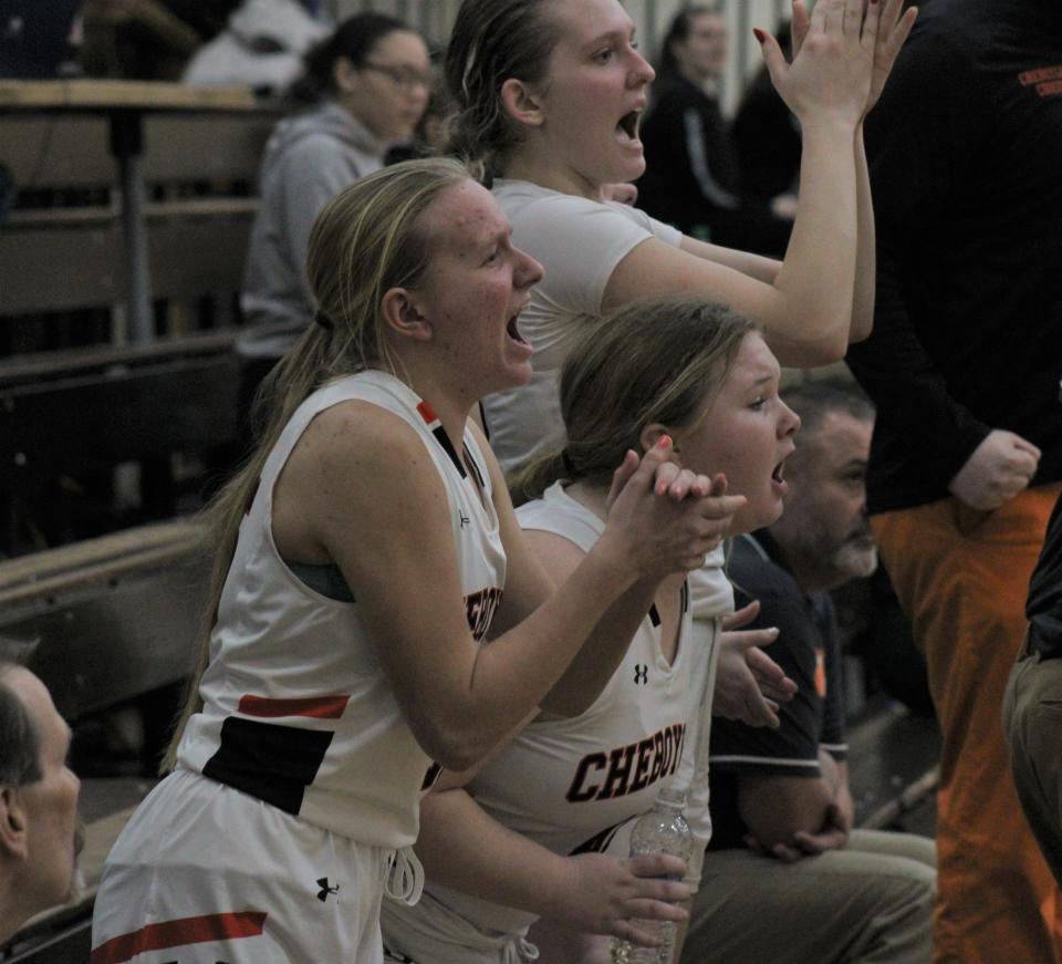 Cheboygan's Addison Ptasnik, Jordan Ashley and Kinsey Carpenter celebrate a made basket from the bench during the fourth quarter against Grayling on Tuesday.