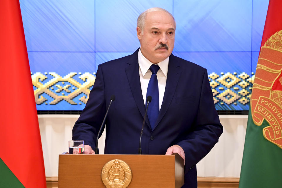 Belarusian President Alexander Lukashenko speaks during a meeting with the country's political activists in Minsk, Belarus, Wednesday, Sept. 16, 2020.(Andrei Stasevich/BelTA Pool Photo via AP)