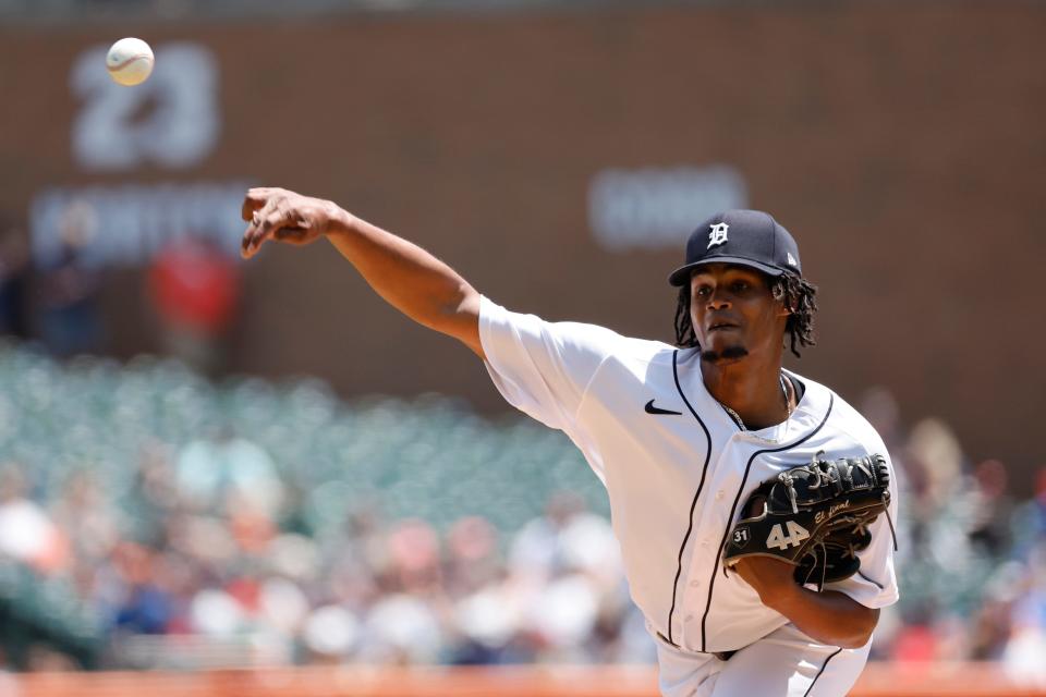 Tigers starting pitcher Elvin Rodriguez (45) pitches in the first inning May 29, 2022 against the Guardians at Comerica Park.