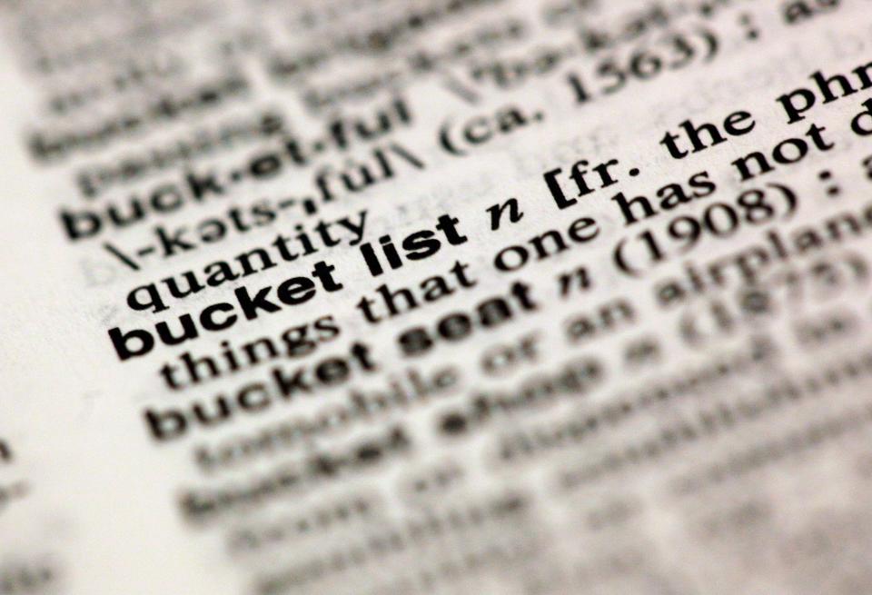 The entry "bucket list," photographed in New York, Friday, Aug. 10, 2012, is one of the 15 new additions in the 11th edition of Merriam-Webster's Collegiate Dictionary. (AP Photo/Richard Drew)