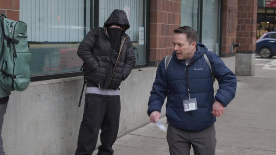 PHOTO: Ricco Mejia, an outreach leader with Behavioral Health Addiction Association of Oregon, walks the streets of Portland. (ABC News)