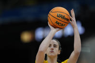 Iowa's Caitlin Clark shoots during a practice for an NCAA Women's Final Four semifinals basketball game Thursday, April 4, 2024, in Cleveland. (AP Photo/Carolyn Kaster)