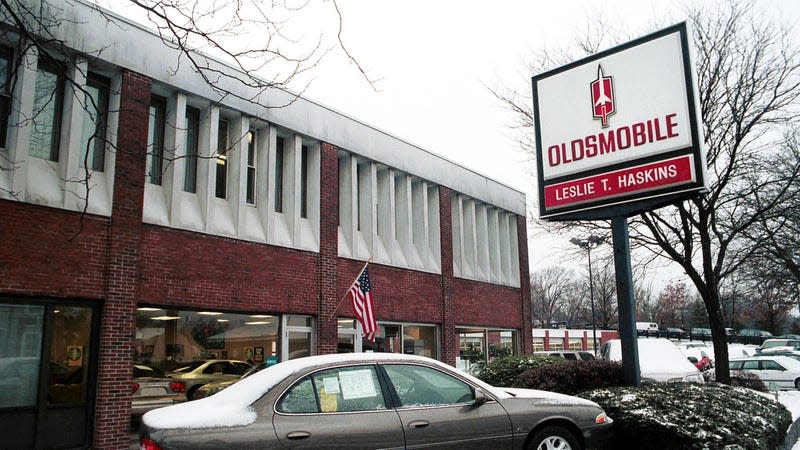 An Oldsmobile is parked at an Oldsmobile dealership December 14, 2000 in Wellesley MA.