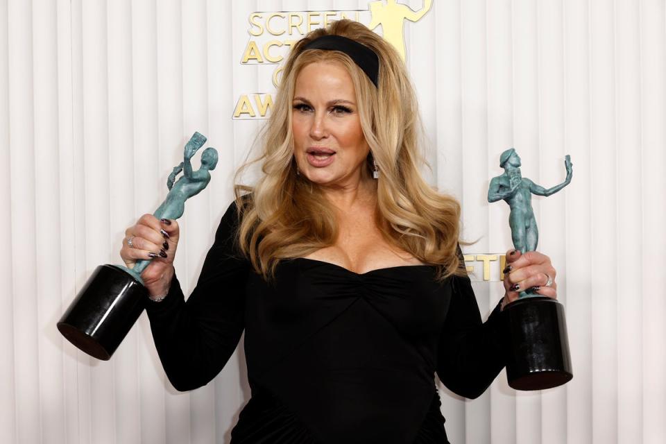Jennifer Coolidge, winner of the Outstanding Performance by a Female Actor in a Drama Series award for ‘The White Lotus’ and Outstanding Performance by an Ensemble in a Drama Series for ‘The White Lotus’ (Getty Images)