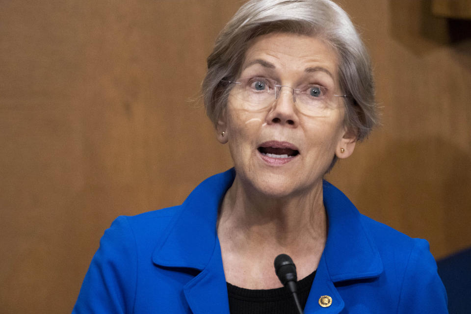 Sen. Elizabeth Warren, D-Mass., questions Treasury Secretary Janet Yellen during a Senate Finance committee hearing about President Joe Biden's proposed budget request for the fiscal year 2024, Thursday, March 16, 2023, on Capitol Hill in Washington. (AP Photo/Jacquelyn Martin)