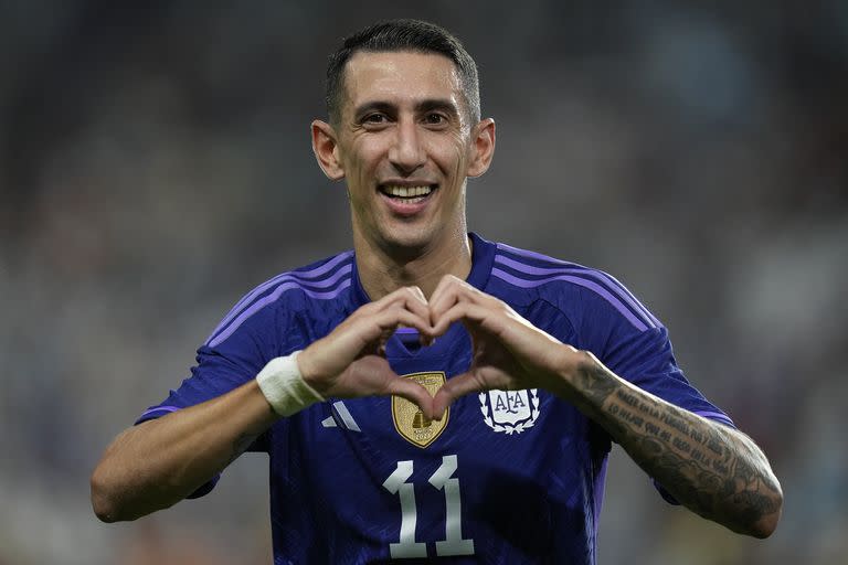Argentina's Angel Di Maria celebrates after a goal during a friendly soccer match between Argentina and United Arab Emirates in Abu Dhabi, Wednesday, Nov. 16, 2022. (AP Photo/Kamran Jebreili)