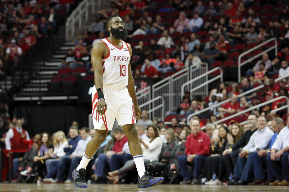 HOUSTON, TX - MARCH 30:  James Harden #13 of the Houston Rockets reacts in the first half to Kings at Toyota Center on March 30, 2019 in Houston, Texas.  NOTE TO USER: User expressly acknowledges and agrees that, by downloading and or using this photograph, User is consenting to the terms and conditions of the Getty Images License Agreement.  (Photo by Tim Warner/Getty Images)