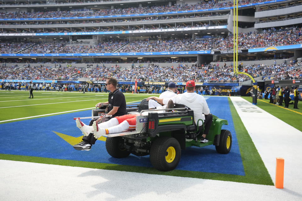 Chiefs WR Rashee Rice leaves field on cart with injury after collision