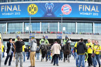 Police horses outside Wembley Stadium before the UEFA Champions League Final at Wembley Stadium, London.