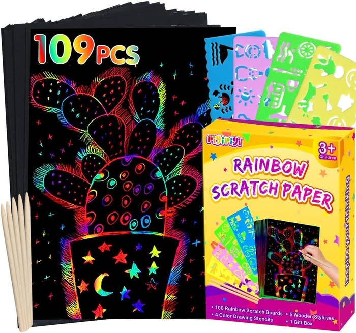 Create colorful art without markers or paint with this set of rainbow scratch paper. It comes with five wooden styluses as well as plastic stencils to make tracings and free draw.Promising review: 